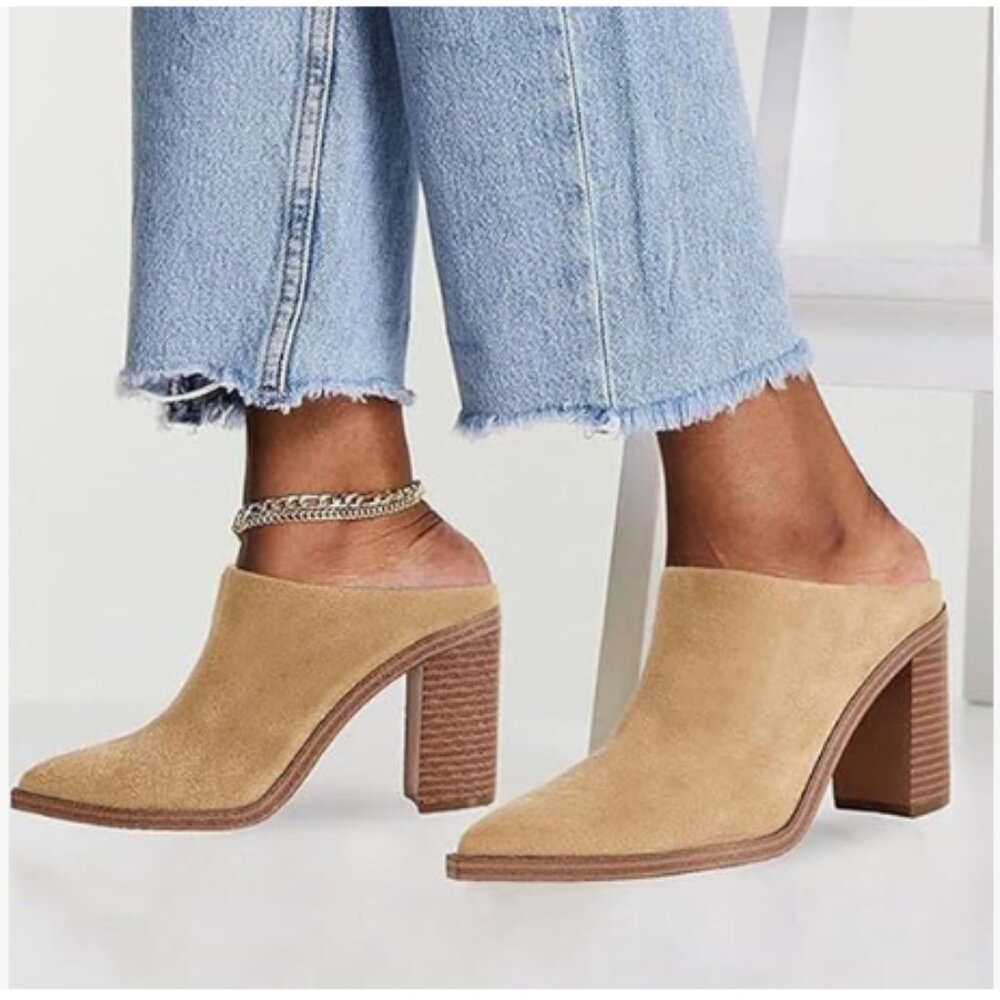 FOWT Camel Pointed Toe Slip On Mules Stacked Block High Heel Sandal Proms Shoes